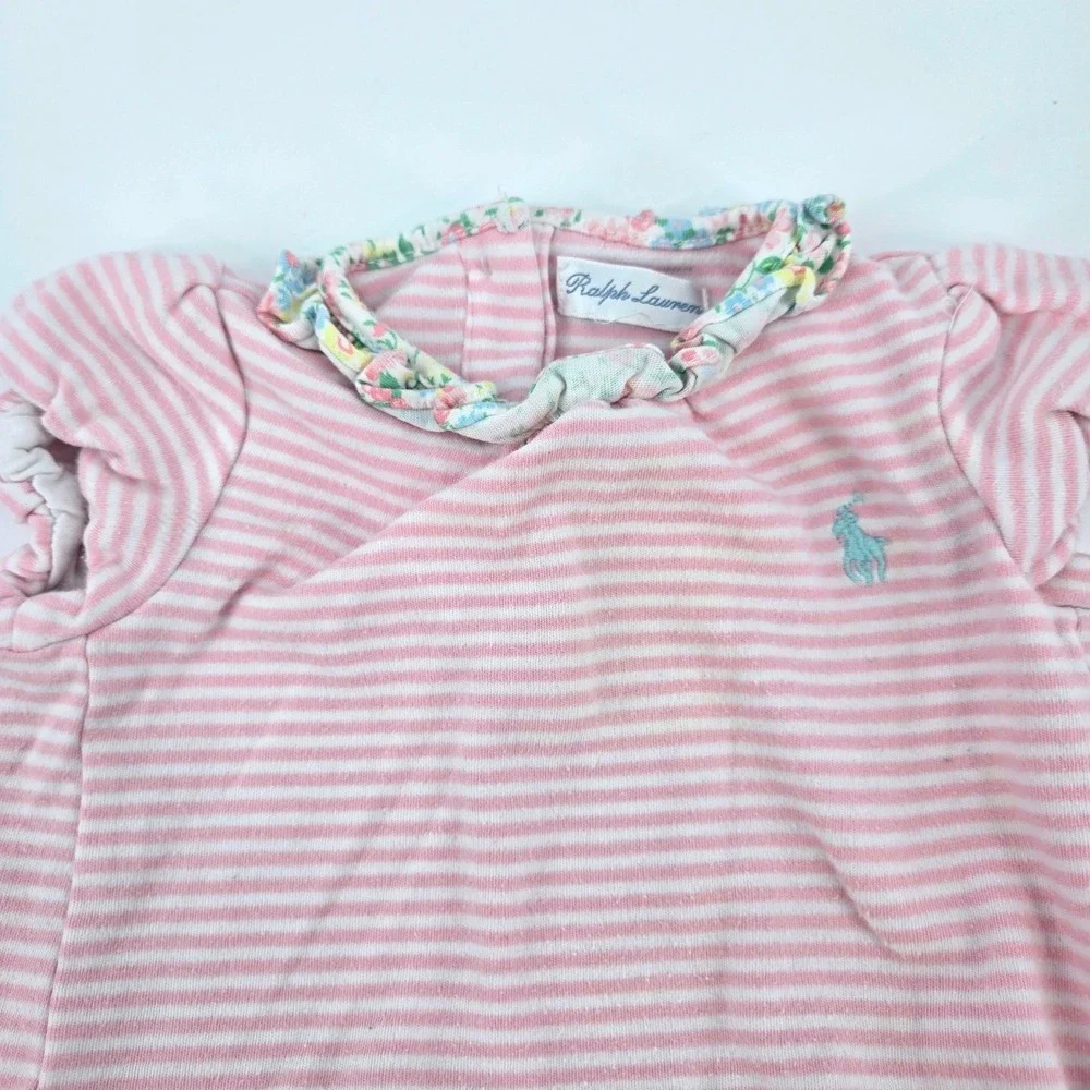 Polo Ralph Lauren Baby Girl‎ Pink White Striped Floral Ruffle Bubble Romper 6M